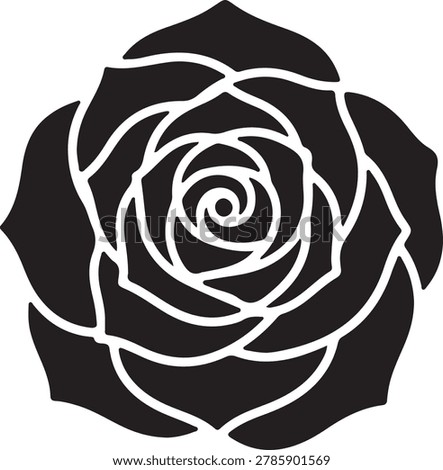 This is a black and white stencil-style vector graphic of a fully bloomed rose flower. The design features a bold, monochrome silhouette where the individual petals are separated by thin, clean white negative space lines that outline the structure and swirling spiral pattern of the rose blossom. The overall shape is tightly contained within a rounded, circular format, making it highly suitable for laser cutting, stencils, vinyl decals, tattoos, block printing, and clean emblem designs.