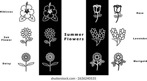 This Black and White Summer Flower Vector Icons Collection features a stylish set of minimalist floral illustrations, perfect for design projects, branding, packaging, and seasonal decorations.
