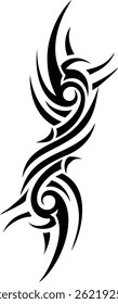 This black and white tattoo design features a swirling vector pattern, an ornate tribal art element with a vintage scroll style