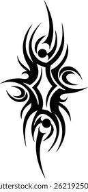 This black and white tattoo design features a swirling vector pattern, an ornate tribal art element with a vintage scroll style
