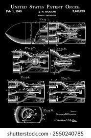 Este dibujo técnico en blanco y negro representa una patente para un proyectil cohete. La Imagen muestra seis diagramas detallados etiquetados como 'Fig. 1' a través de 'Fig. 6'