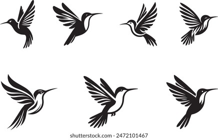 This black and white vector design features a detailed hummingbird and a simple bird silhouette, combining intricate beauty with a modern touch. Perfect for various creative projects.