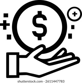 This black and white vector features an open hand symbol supporting a circle icon with a dollar symbol ($)