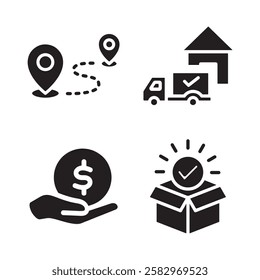 This black and white vector graphic set displays icons related to delivery services, logistics, and successful transactions