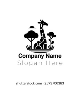 This black and white vector graphic features a stylized giraffe standing in a savanna environment with trees and clouds.