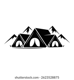 This black and white vector graphic showcases three camping tents nestled amongst mountains. Camping Tents in a Mountainous Landscape