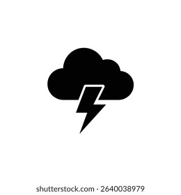This black and white vector graphic shows a dark cloud with a jagged lightning bolt extending downward. Simple weather and storm imagery is depicted against white.