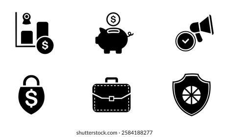 This black and white vector icon set features six essential business and financial symbols. The icons include a financial growth chart, a piggy bank for savings, a marketing megaphone