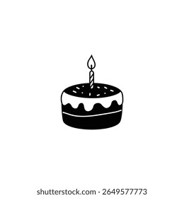 Este é um ícone vetorial preto e branco de um bolo de aniversário com uma vela acesa no topo. O bolo está decorado com polvilhos. Isolado no fundo branco.