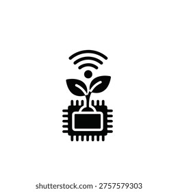 This black and white vector icon depicts a stylized microchip or processor unit with a small plant sprout emerging from the center, topped with a wireless signal symbol. It symbolizes the integration of advanced technology, internet of things, and data connectivity into modern agricultural practices, farming systems, and environmental monitoring solutions.