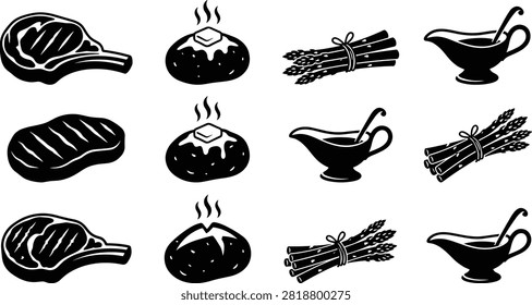 This black and white vector icon set illustrates classic steak dinner elements including grilled meat, baked potatoes, fresh asparagus, and gravy. It is ideal for restaurant menus, food branding, culinary blogs, and kitchen design projects.