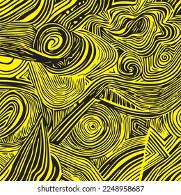 This is a black and white vector illustration depicting a dense, intricate pattern of intertwined wavy lines. The lines are depicted in shades of black on a bright yellow background.