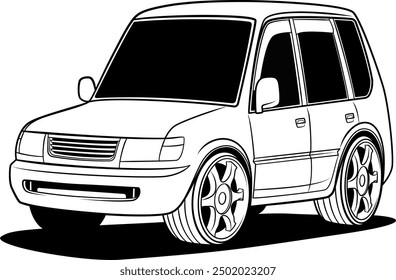 Diese schwarz-weiße Vektorgrafik zeigt ein detailliertes und sauber skizziertes SUV, das seine Designelemente wie den Grill, Räder und Fenster hervorhebt