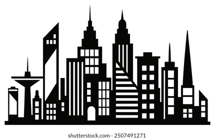 This black and white vector illustration shows a cityscape with a prominent government building in the center