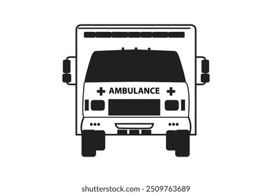 This is a black and white vector illustration of an ambulance from a front-facing perspective. It features the word "AMBULANCE" and medical cross symbols.