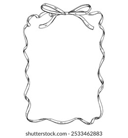 This black and white vector illustration features a thin ribbon and bow border, creating a blank, elegant frame. Perfect for wedding invitations, present labels, offering ample space for text