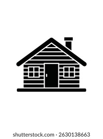 This is a black and white vector illustration depicting a simple log cabin with a chimney, a door, and two windows. Icon design for architecture and minimalism.