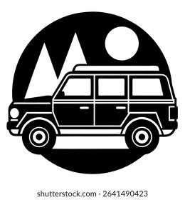 This black and white vector illustration features a stylized SUV set against a mountain landscape within a circular frame. 