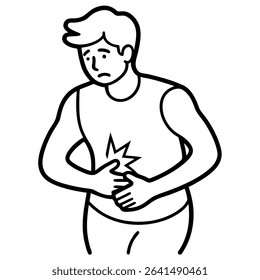 This black and white vector illustration depicts a man suffering from stomach pain and discomfort. The artwork, rendered in clean line art, showcases a person experiencing an abdominal ache.