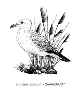This black and white vector illustration features a seagull standing on rocky terrain surrounded by tall marsh grass. Hand drawn graphic sketch isolated on white. Perfect for maritime design.