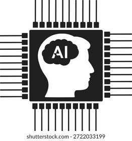 Diese schwarz-weiße Vektorgrafik zeigt die Konvergenz von menschlicher Intelligenz und künstlicher Intelligenz. Ein Profil eines menschlichen Kopfes, dargestellt in weißer Silhouette, ist zentral innerhalb eines dunklen Quadrats platziert, das einen Mikrochip oder integrierten Schaltkreis darstellt. Der Chip ist mit zahlreichen, sich nach außen erstreckenden Anschlussstiften geschmückt, die den Datenfluss und die Rechenleistung symbolisieren. Im menschlichen Kopf enthält eine Gedankenblase die kühnsten Buchstaben "KI", die künstliche Intelligenz als intellektuellen Kernprozess bezeichnen. Dieses Bild visualisiert effektiv das Konzept der KI als ausgeklügelte, hirnähnliche Intelligenz, eingebettet in fortschrittliche digitale Hardware, die Themen des maschinellen Lernens, der kognitiven Datenverarbeitung und der digitalen Evolution des Denkens nahe legt.