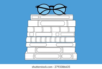 This is a black and white vector illustration depicting a stack of books topped with a pair of eyeglasses.