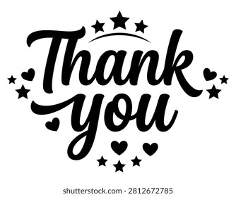 This is a black and white vector illustration of the words 'Thank You' in elegant handlettered calligraphy, adorned with decorative stars and hearts, set on a transparent background.