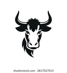 This black and white vector illustration depicts the head of a bull, showcasing a stylized design with sharp lines and symmetrical composition. The image's simplicity and high contrast, suitable for various design projects, suggests commercial usage, offering adaptability for diverse visual communications.