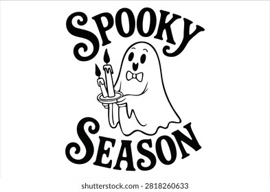 This is a black and white vector illustration depicting a cartoon ghost holding candles, accompanied by the text 'Spooky Season'.