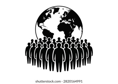 This black and white vector illustration depicts a large crowd of people standing together in front of a stylized earth globe icon representing the global population and the concept of human unity worldwide