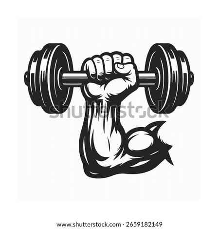 This black and white vector illustration features a powerful hand firmly gripping a barbell, with a clenched fist emphasizing muscularity and strength.
