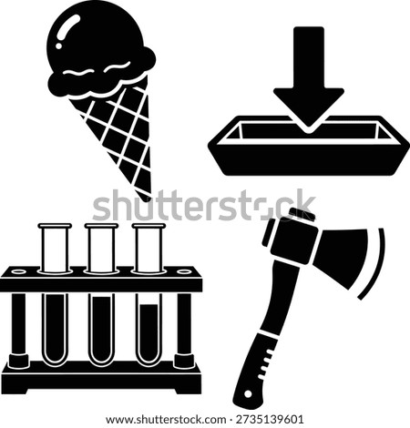 This black and white vector illustration showcases a diverse collection of four distinct icons, each conveying a clear and universally understood concept. The top-left icon features a classic ice cream cone, a delightful symbol of treats, summer, happiness, and desserts, perfect for food-related themes or seasonal promotions. Adjacent to it, a familiar download icon, depicted as a box with a downward arrow, represents data transfer, digital files, internet activity, or software acquisition. Below, a test tube rack filled with multiple test tubes clearly symbolizes science, laboratory work, chemical experiments, research, and medical testing. The final icon is a sturdy axe, signifying tools, woodworking, outdoor activities, lumberjacking, or resilience. This versatile set of visuals is an excellent choice for educational materials, web design, presentations, and infographics, providing clear and effective imagery for a variety of topics.