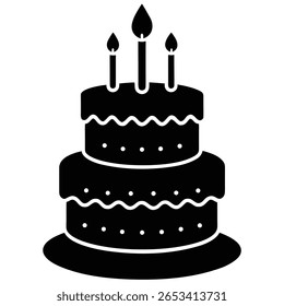 Esta imagem vetorial em preto-e-branco representa um bolo em duas camadas em um suporte. Três velas queimam em cima deste deleite de sobremesa, em um pano de fundo nítido e transparente.