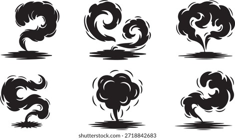 Dieser schwarz-weiße Vektor zeigt sechs einzigartige Zeichentrickrauch- oder Staubwolken-Symbole mit strukturierten Silhouetten. Sie zeigen verschiedene Formen, die über einer Grundlinie auftauchen.
