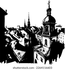 This black and white vector sketch illustration features a view of the old European city streets from the roof of a building.