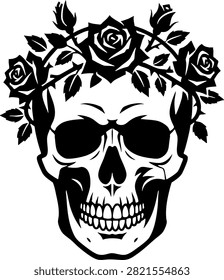 This black and white vector-style illustration features a human skull adorned with a crown of roses and thorns. It is ideal for gothic-themed designs, tattoo art, apparel prints, and alternative cultural branding.