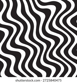 Diese schwarz-weißen wellenförmigen Streifen Hintergrund, Muster, Textur, abstraktes Design, schafft einen kühlen optischen Effekt mit fließenden Kurven, fließenden Linien und rhythmische Bewegung. Das nahtlose Muster zeichnet sich durch wellenförmige Wellen, einen modernen Minimalstil, eine kontrastreiche monochrome Farbe und ein grafisches Oberflächendesign aus, das sich ideal für Tapeten, Gewebe, Umschlagpapier, Branding, Poster und digitale Hintergründe eignet. Die glatten organischen Linien, das optische Täuschungsgefühl, der zeitgenössische geometrische Fluss und das wiederholte Design verleihen Tiefe, Interesse und dynamische Bewegung. Diese vielseitige abstrakte Textur, moderne Kulisse und ein stylisches Muster eignen sich gut für Dekor, Schreibwaren, Modedrucke und Webgrafiken und bieten eine zeitlose Schwarz-Weiß-Ästhetik für kreative Projekte und visuelle Kompositionen.