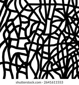This black-and-white abstract image features an intricate pattern that resembles a spider's web or broken glass. Thick lines curve and intersect, creating a maze of organic geometric shapes amidst 