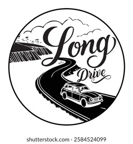 This black-and-white circular illustration features a vintage car driving along a winding road, surrounded by scenic countryside and rolling hills. The sky is adorned with clouds, adding depth to the 