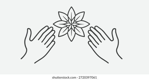 This black-and-white continuous line drawing portrays two hands, one large and one small, reaching upward in a gesture of high-five or connection. A simple flower design is centered between the palms where they meet. The smaller hand is nestled within the larger one, suggesting themes of care, protection, and connection, possibly between an adult and a child