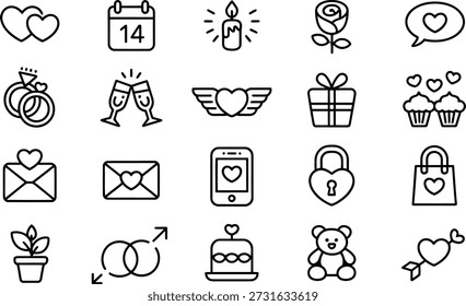 This black-and-white icon grid features 20 romantic symbols including hearts, gifts, rings, and messages—ideal for Valentine’s Day designs, love-themed branding, and relationship visuals.