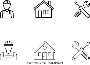 This black-and-white icon set features construction workers, houses, and tool silhouettes—ideal for contractor services, home improvement apps, repair guides, and minimalist design elements.