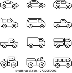 Dieses schwarz-weiße Ikonensatz verfügt über 12 minimalistische Fahrzeug-Silhouetten - von Sportwagen bis Traktoren - ideal für Transport-Apps, Lehrmittel, Beschilderung und Automobil-Design-Projekte.