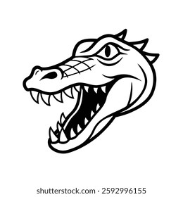 This is a black-and-white illustration of a crocodile's head with an open mouth, displaying sharp teeth and a fierce expression