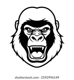 This is a black-and-white illustration of a fierce-looking gorilla's face with sharp details and an aggressive expression