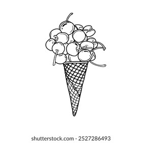 This black-and-white illustration portrays a delicate cherry perched atop a classic ice cream cone. The intricate linework captures the smooth textures of the creamy swirl and the crisp details of the