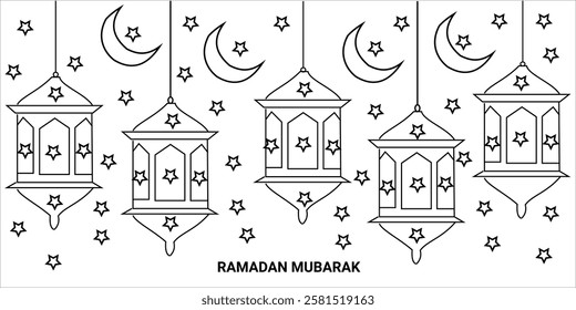 This black-and-white illustration represents the holy month of Ramadan with a beautiful and intricate design featuring hanging lanterns, crescent moons, and stars. Ramadan Mubarak greetings card.