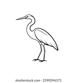 This is a black-and-white line drawing of a heron bird. It features a long neck, sharp beak, slender body, and tall legs, standing gracefully