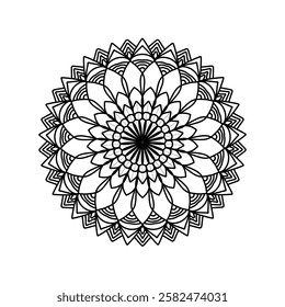 This black-and-white mandala design features intricate floral and geometric patterns, perfect for coloring or tattoo inspiration. Its symmetrical structure radiates harmony and balance, ideal for rela