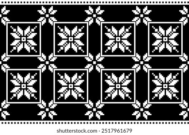 This black-and-white pixel art showcases a floral motif in a geometric grid. Each flower is framed in squares, creating a balanced and symmetrical design, perfect for textiles or digital use.